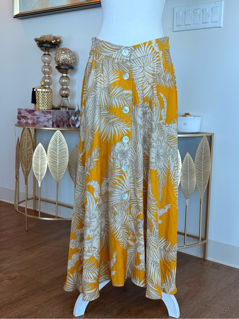 Yellow Floral Button-Front Midi Skirt